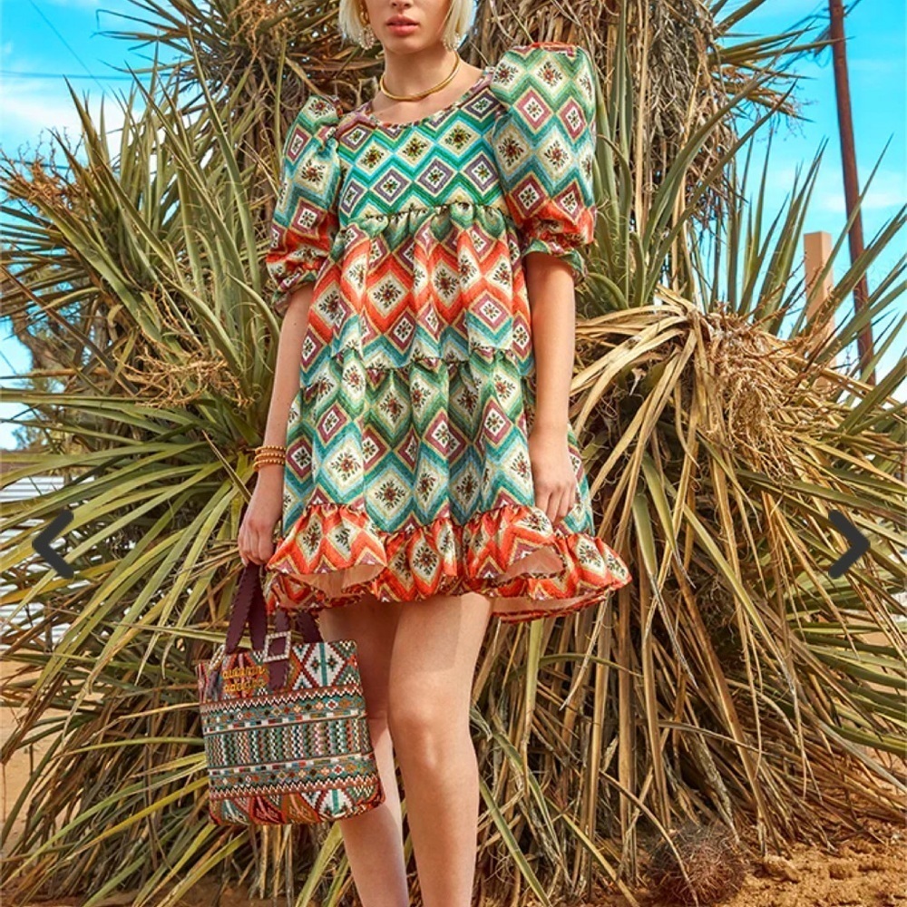 Autumn Adeigbo Oona Tiered‎ Mini Dress Puff Sleeve Abstract Print Boho Size 10